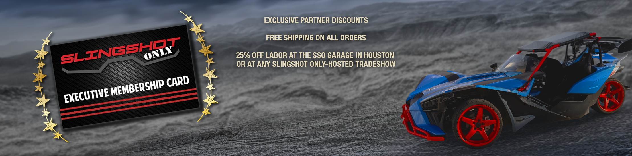 Slingshot Only executive membership card with vehicle on a stormy background